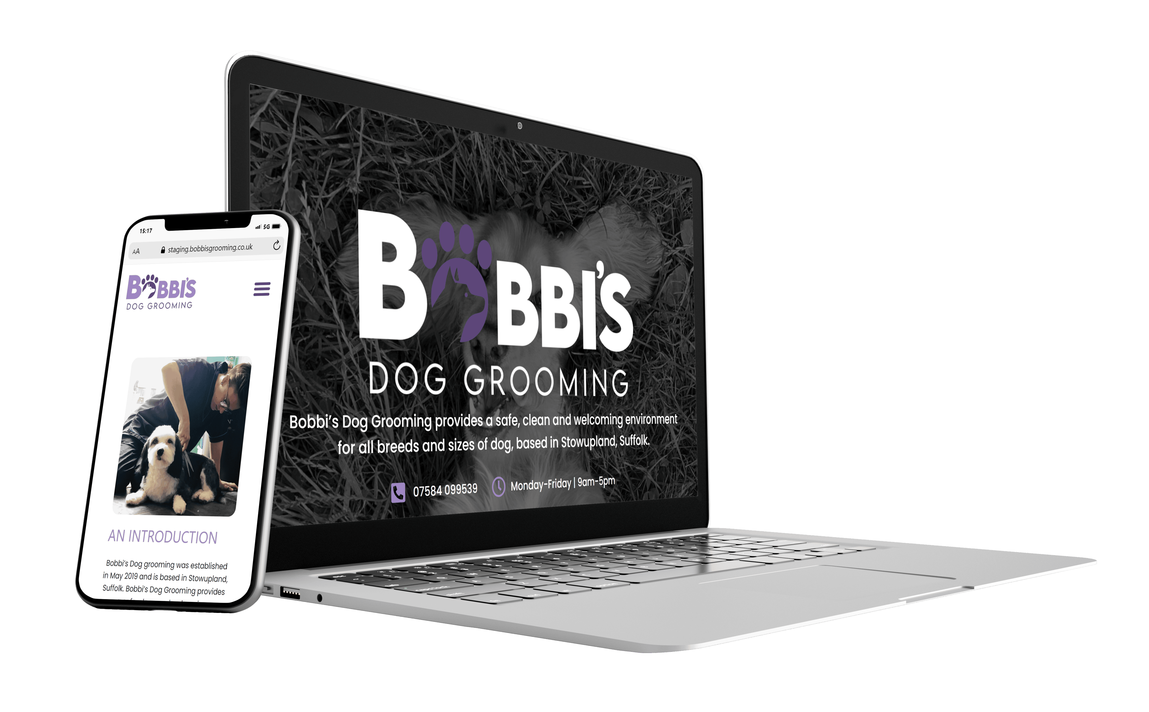 Dog grooming website displayed on mobile and desktop