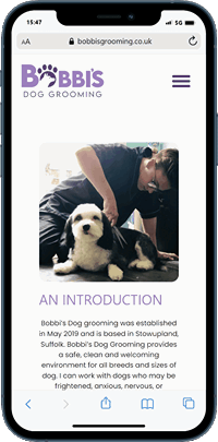 Mobile home page of dog groomers website showing responsive web design