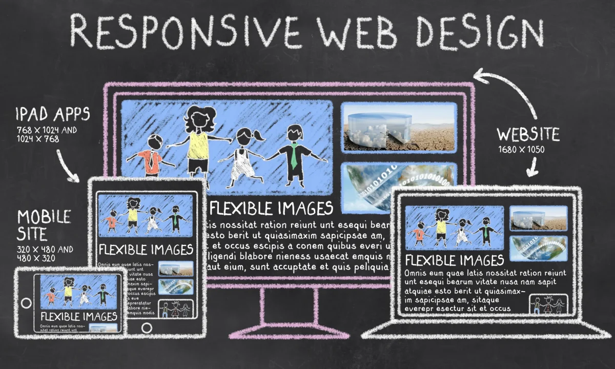 The importance of mobile friendly website design. Responsive design demonstrated on chalkboard drawings